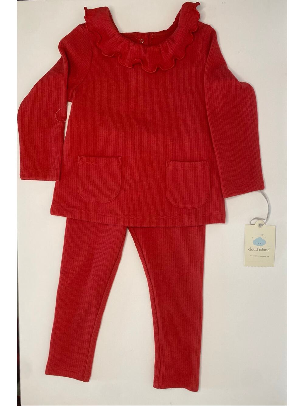 Cloud Island Girls' Holiday Ribbed Ruffle Pocket Top & Leggings Set, 24 M, NWT